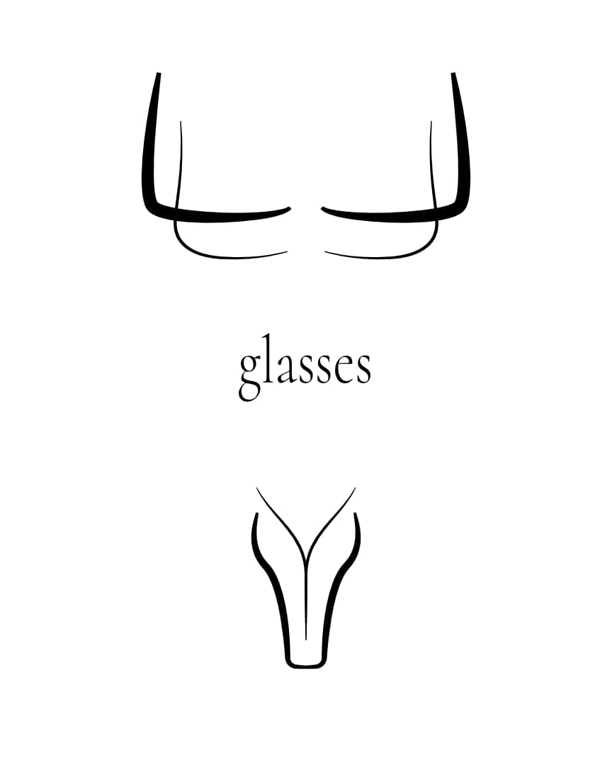 An image titled: Glasses. It is a digital illustration that has 4 shapes. 2 at the top look like different styles of glasses from the top-down. 2 at the bottom look like a wine glass and a beer glass. In juxtaposition with each other, it is clear that the top 2 look like male pectoral muscles and female breasts, and the bottom 2 look like male and female genitalia.